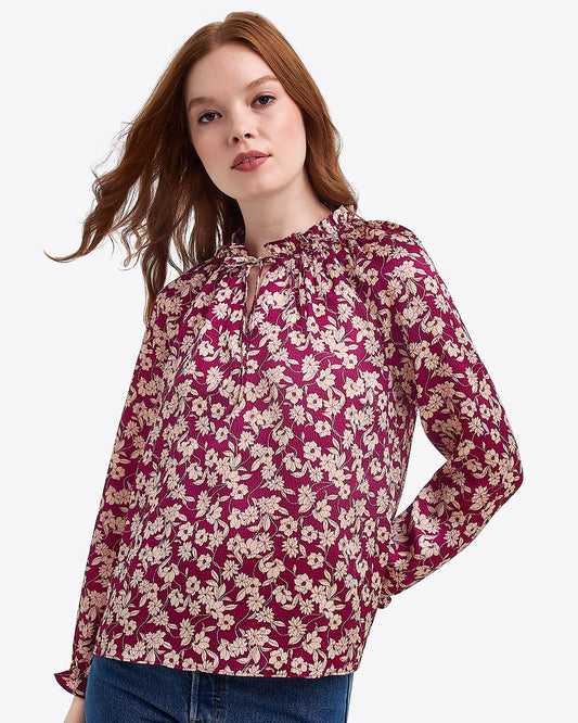 Draper James Purple Multi Long Sleeve Top in Hammered Satin