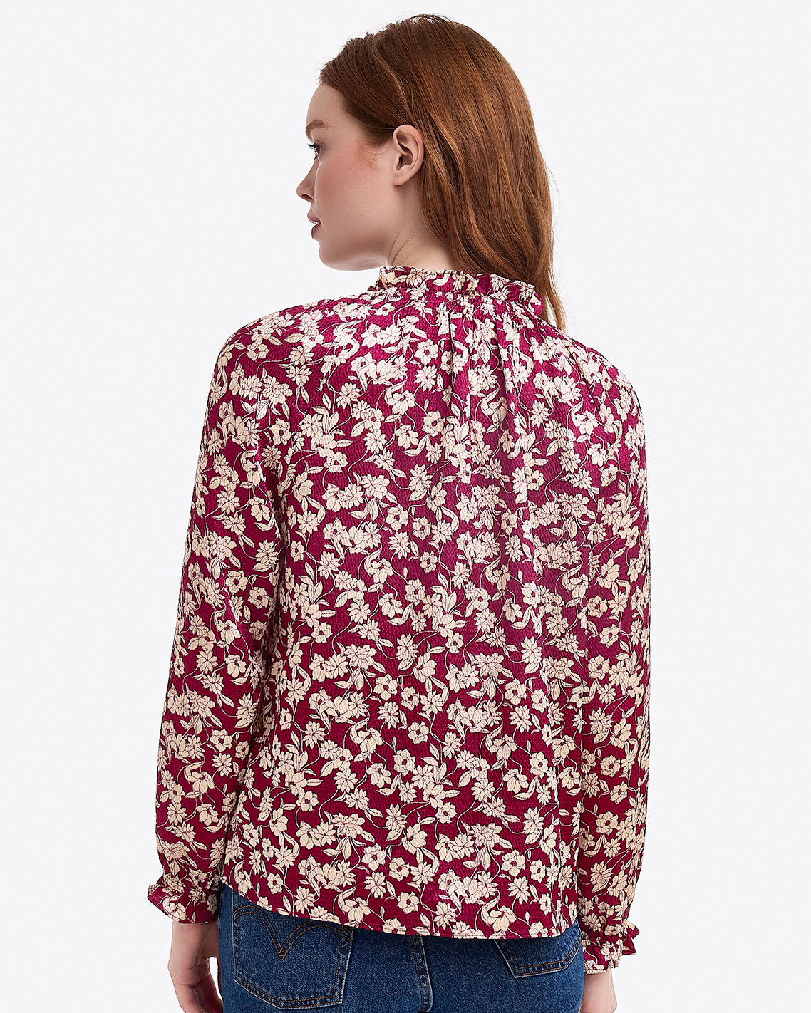 Draper James Purple Multi Long Sleeve Top in Hammered Satin