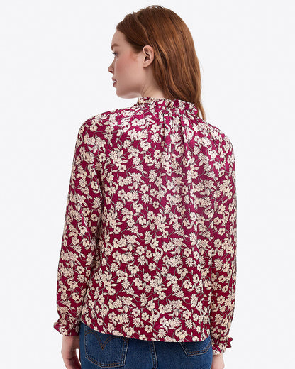 Draper James Purple Multi Long Sleeve Top in Hammered Satin