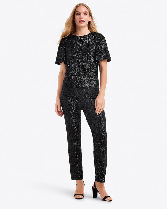 Draper James Belle Meade Black Flutter Sleeve Top in Sequins
