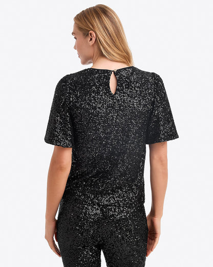 Draper James Belle Meade Black Flutter Sleeve Top in Sequins
