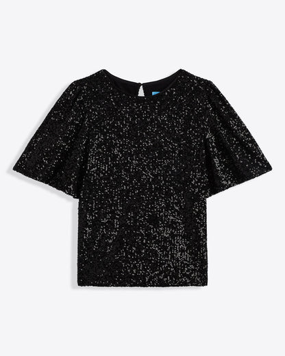 Draper James Belle Meade Black Flutter Sleeve Top in Sequins