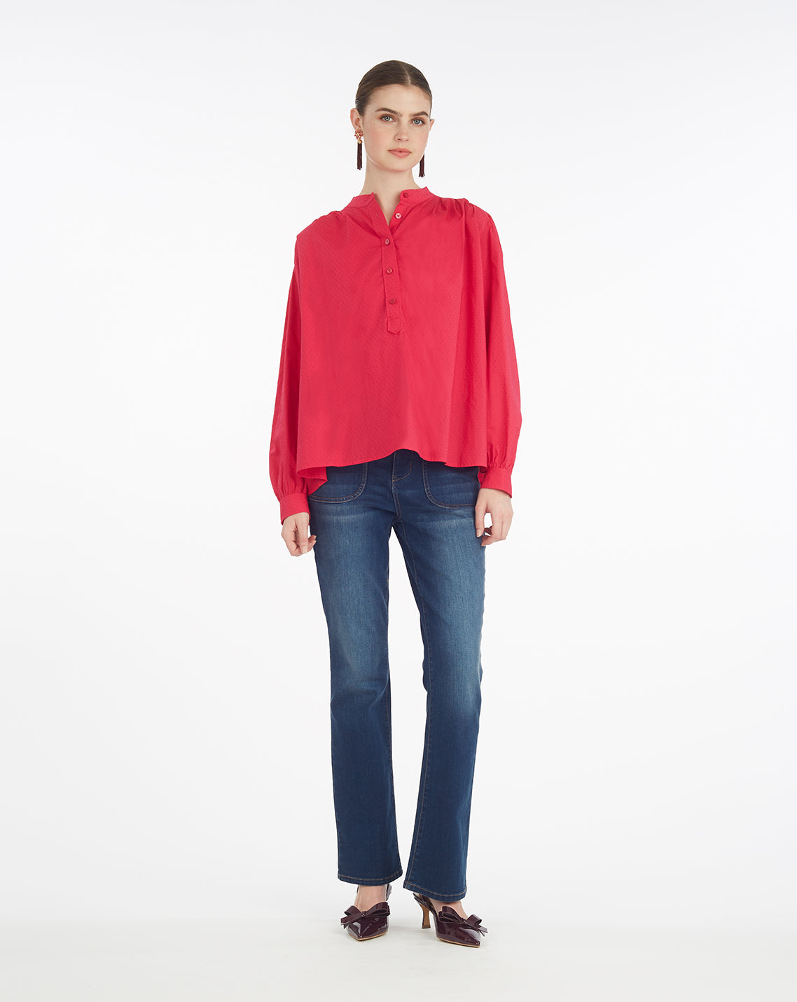 Draper James Love Potion Pleated Button Down in Cotton Dobby in Love Potion
