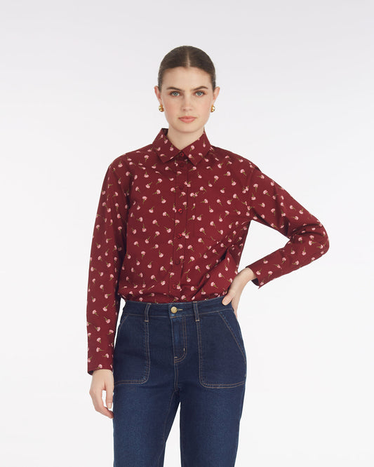 Draper James Burgundy Buds Long-Sleeve Button Down in Burgundy Buds