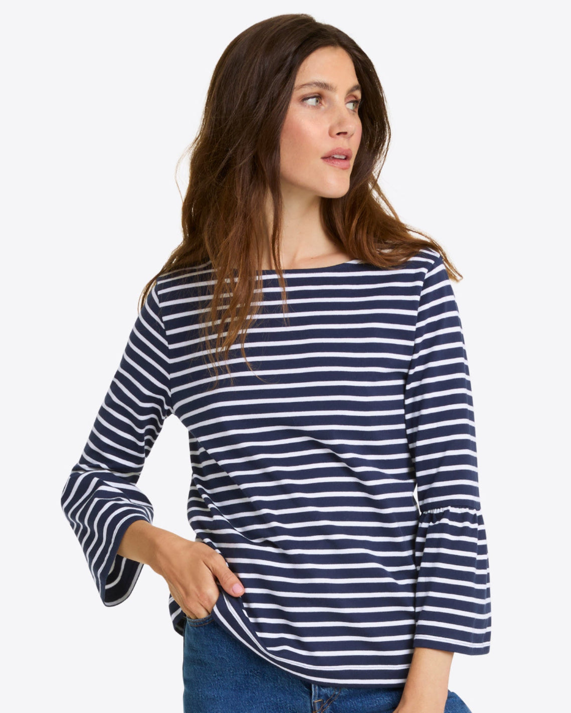 Draper James Nassau Navy Corey Bell Sleeve Top in Navy Mariner Stripe