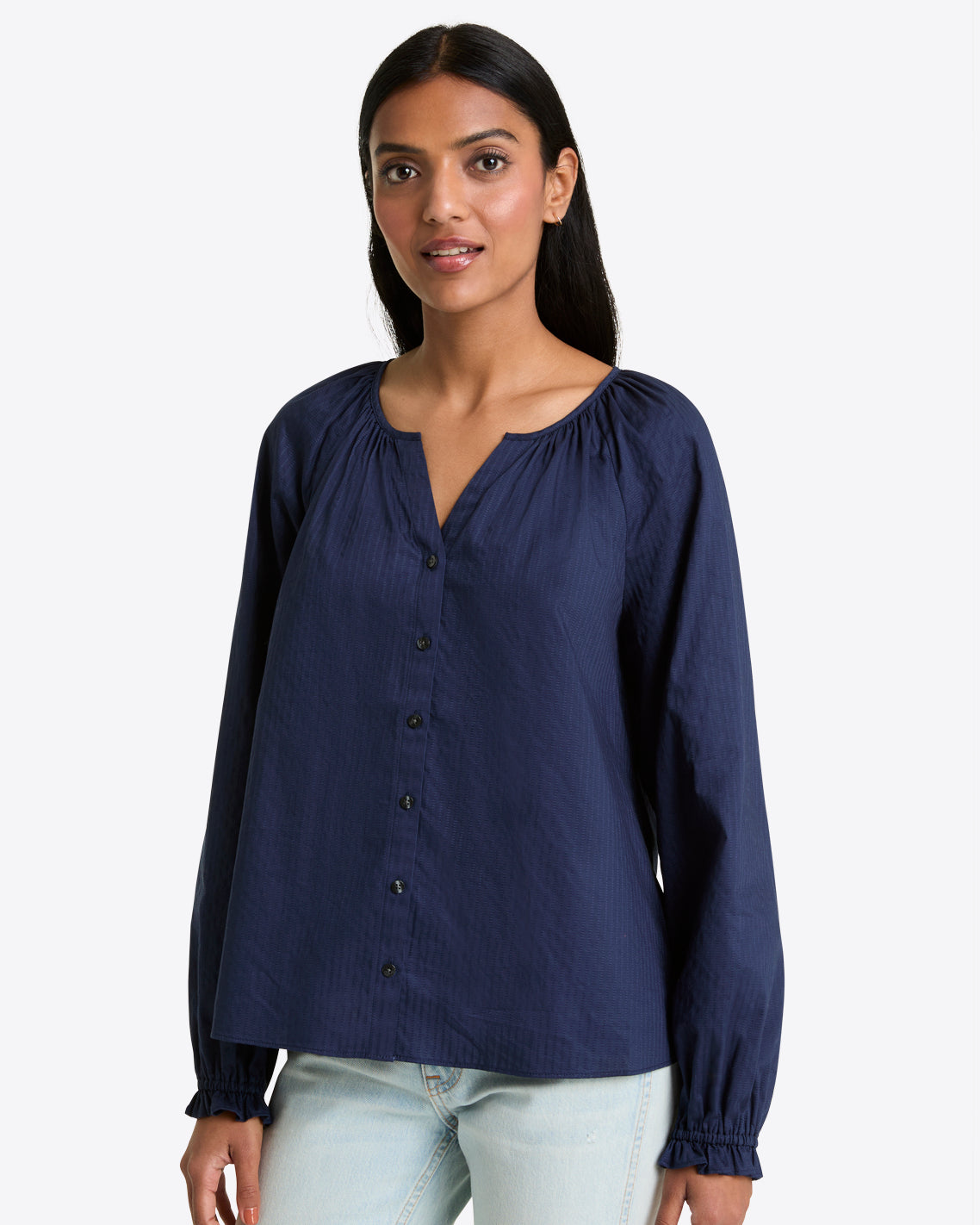 Draper James Nassau Navy Alexandra Top in Navy Dobby Stripe