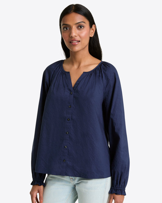 Draper James Nassau Navy Alexandra Top in Navy Dobby Stripe