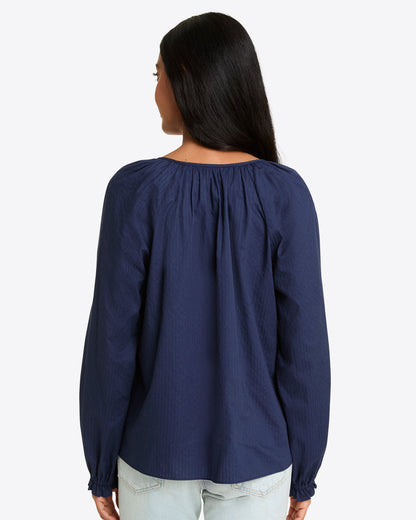 Draper James Nassau Navy Alexandra Top in Navy Dobby Stripe