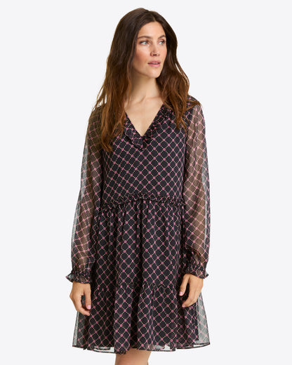 Draper James Black Daisy Trellis Lorrie Long-Sleeve Dress in Crinkle Chiffon