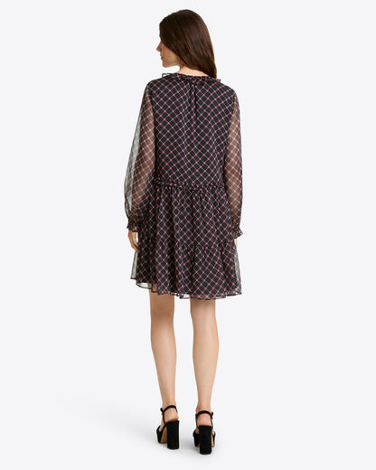 Draper James Black Daisy Trellis Lorrie Long-Sleeve Dress in Crinkle Chiffon