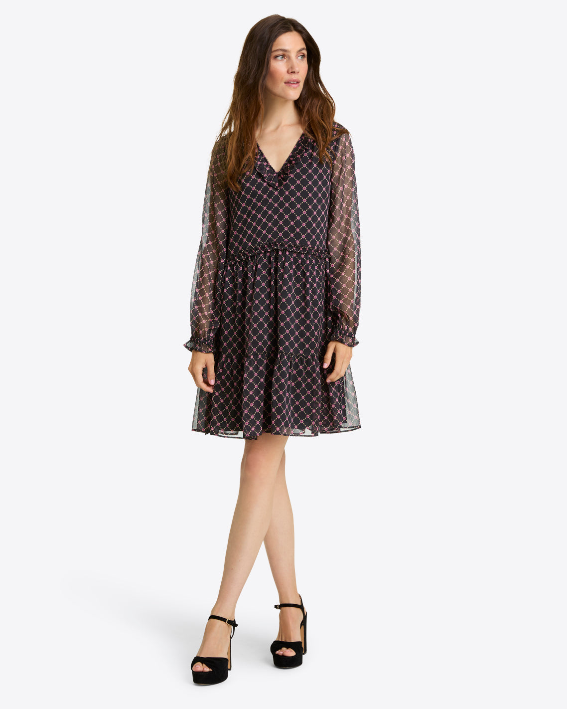 Draper James Black Daisy Trellis Lorrie Long-Sleeve Dress in Crinkle Chiffon