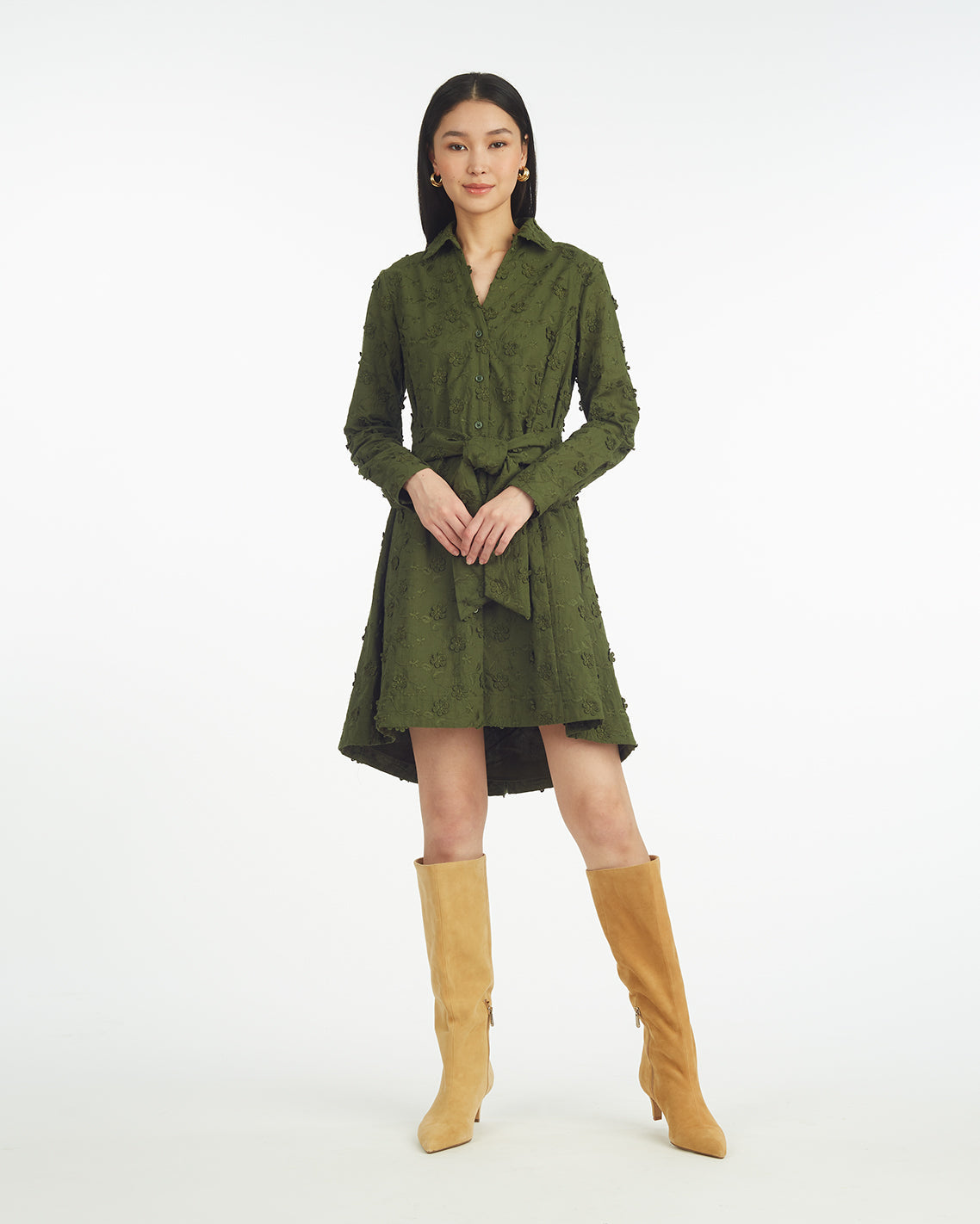 Draper James Olive Embroidered Floral Layla Shirtdress in Olive Embroidered Floral