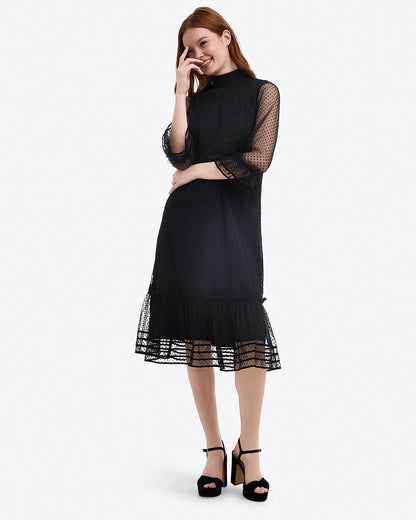 Draper James Belle Meade Black Long Sleeve Shift Dress in Tulle