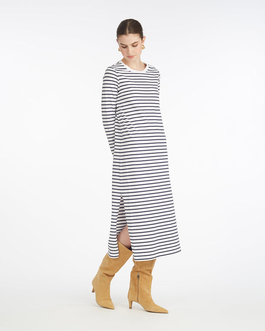 Draper James White Nautical Stripe Sheryl Long Sleeve Dress in Cotton