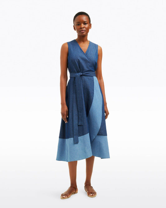 Draper James Dark Wash Lorelai Two Tone Sleeveless Wrap Dress in Chambray