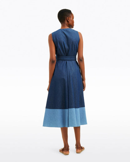 Draper James Dark Wash Lorelai Two Tone Sleeveless Wrap Dress in Chambray