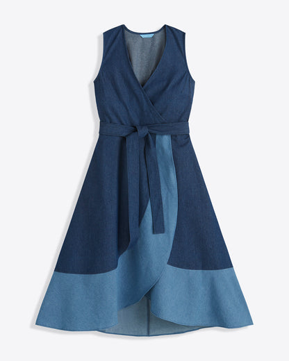 Draper James Dark Wash Lorelai Two Tone Sleeveless Wrap Dress in Chambray