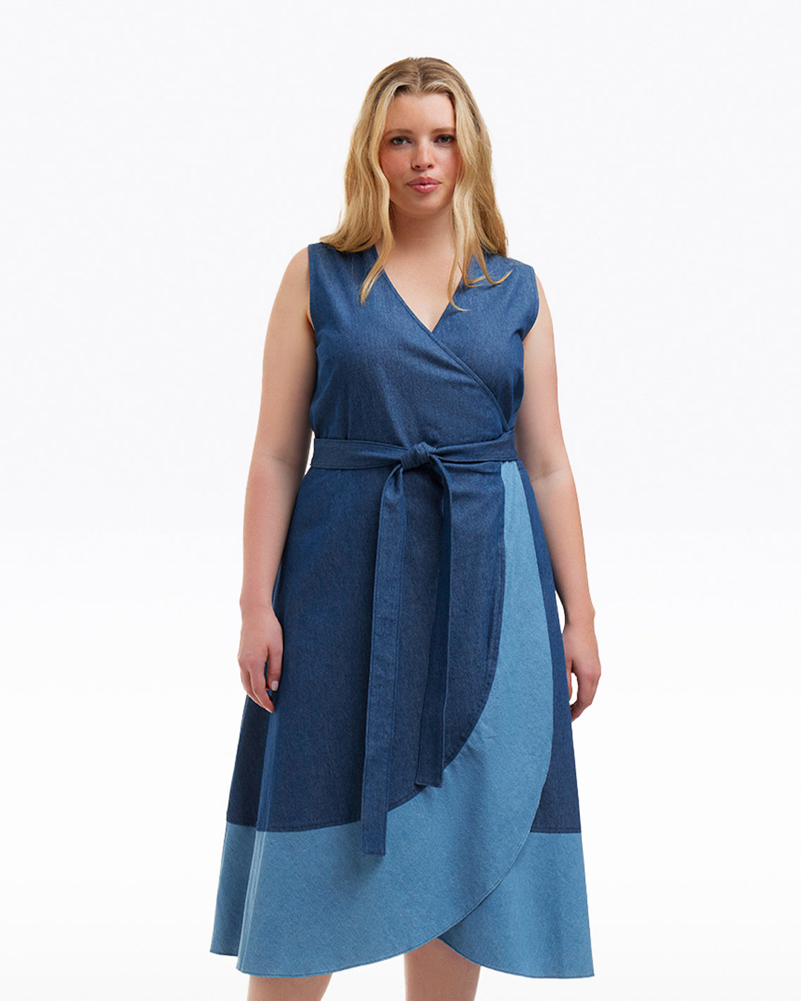 Draper James Dark Wash Lorelai Two Tone Sleeveless Wrap Dress in Chambray
