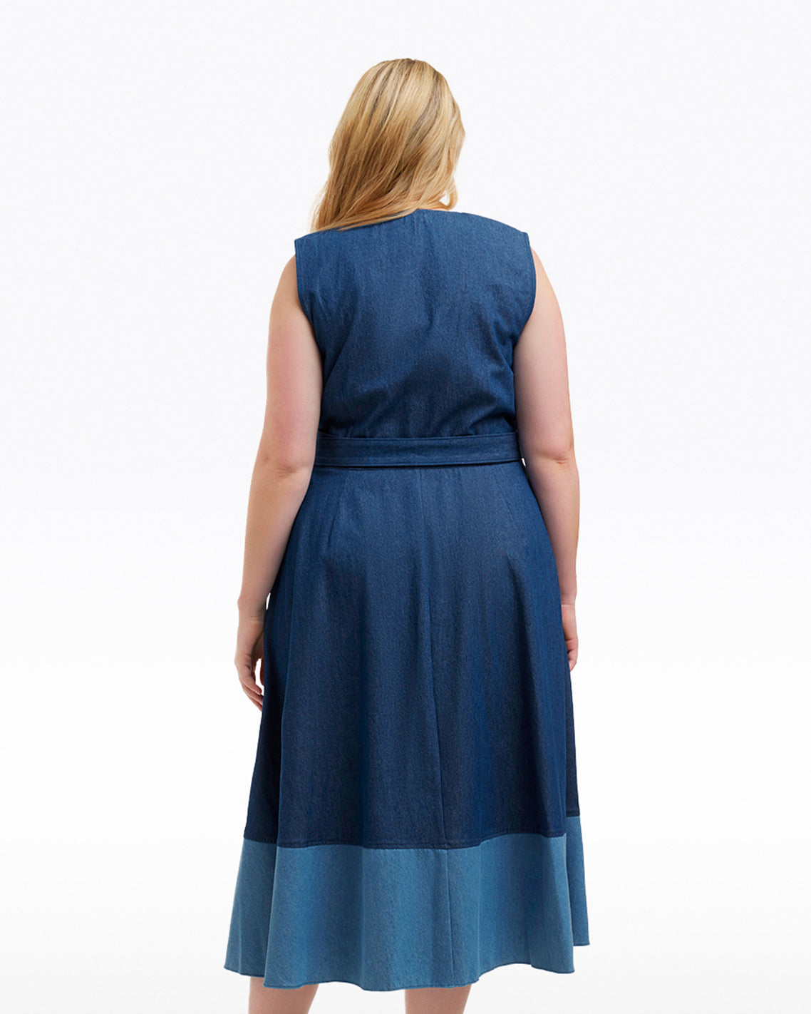 Draper James Dark Wash Lorelai Two Tone Sleeveless Wrap Dress in Chambray
