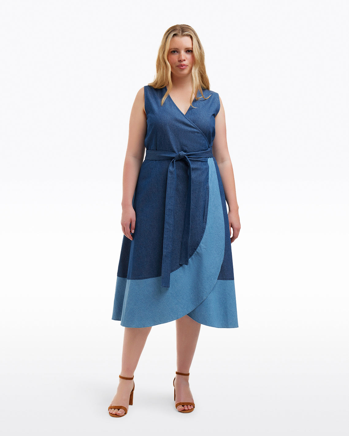 Draper James Dark Wash Lorelai Two Tone Sleeveless Wrap Dress in Chambray