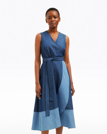 Draper James Dark Wash Lorelai Two Tone Sleeveless Wrap Dress in Chambray