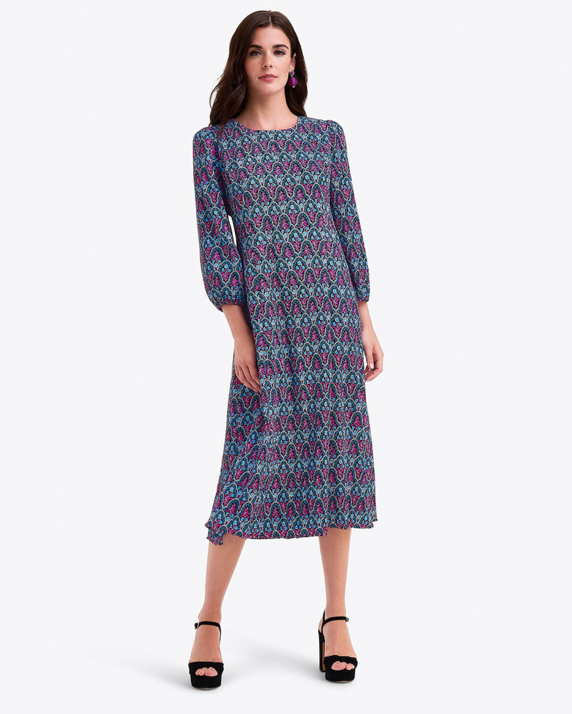 Draper James Black Multi Long-Sleeve Midi Dress