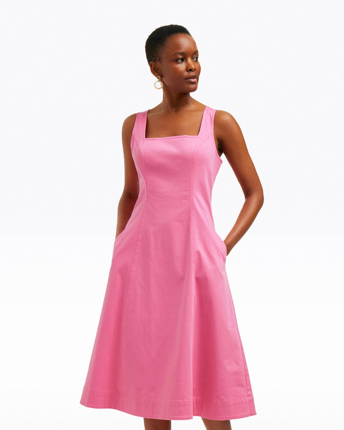 Draper James Pink Genevieve Square Neck Sleeveless Midi Dress
