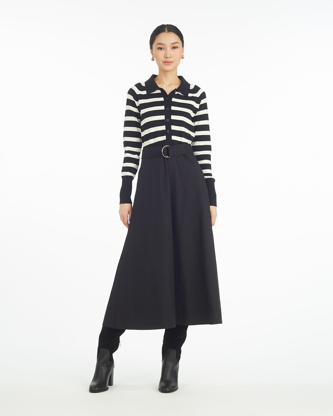 Draper James Belle Meade Black Darcy Mixed Media Dress in Black Stripe