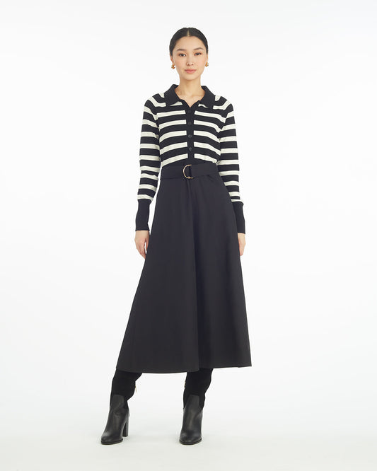 Draper James Belle Meade Black Darcy Mixed Media Dress in Black Stripe