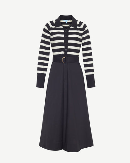Draper James Belle Meade Black Darcy Mixed Media Dress in Black Stripe
