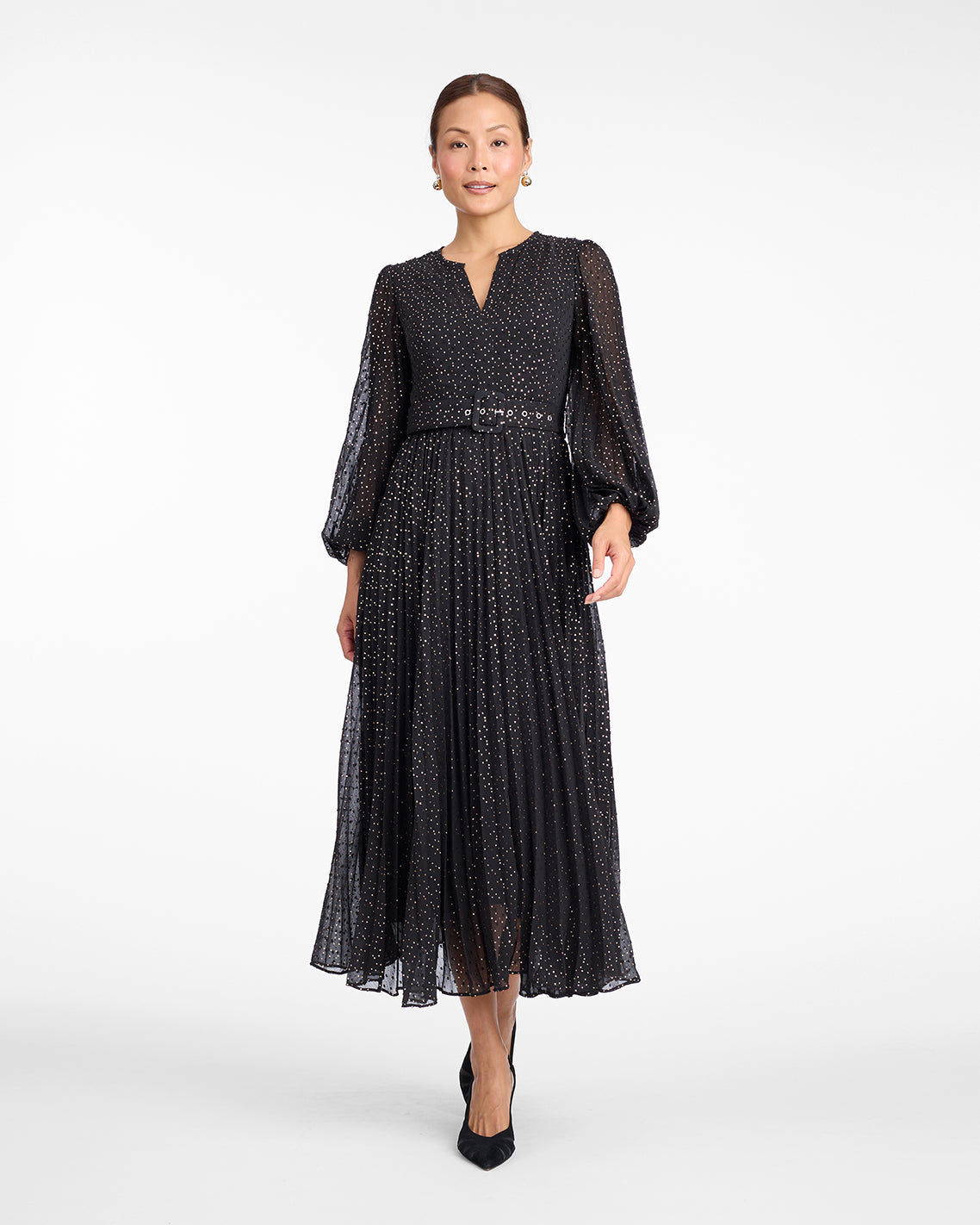 Draper James Foil Dot Maybelle Belted Midi Dress in Foil Dot