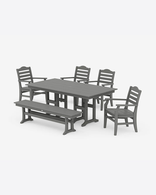 Draper James Slate Grey Savannah 6-Piece Farmhouse Dining Set with Bench in Gray