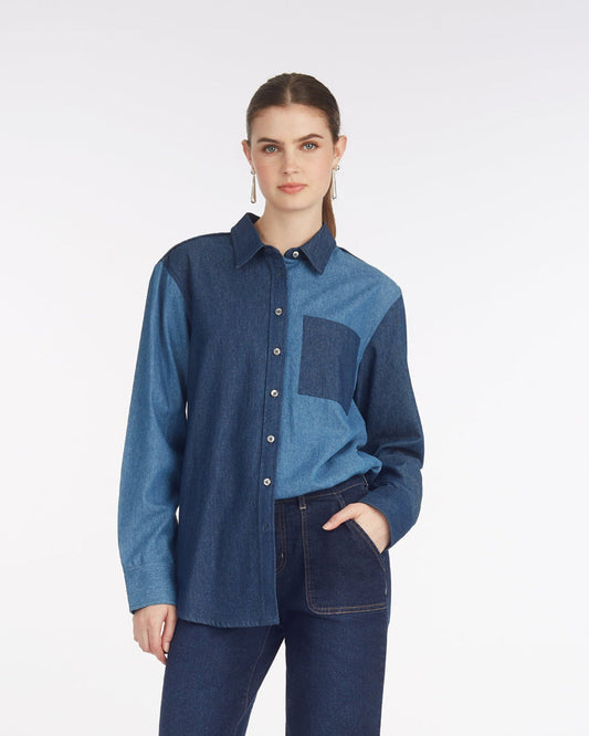 Draper James Medium Wash Lynn Long Sleeve Top in Chambray
