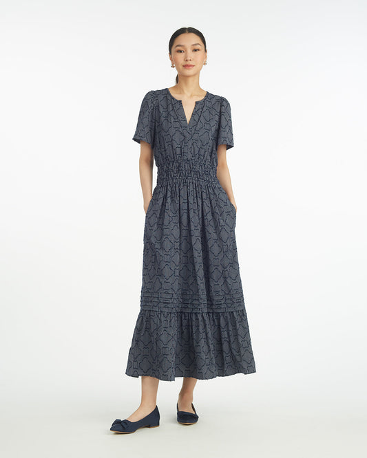 Draper James Nassau Navy Hollie Midi Dress in Navy Textured Stripe