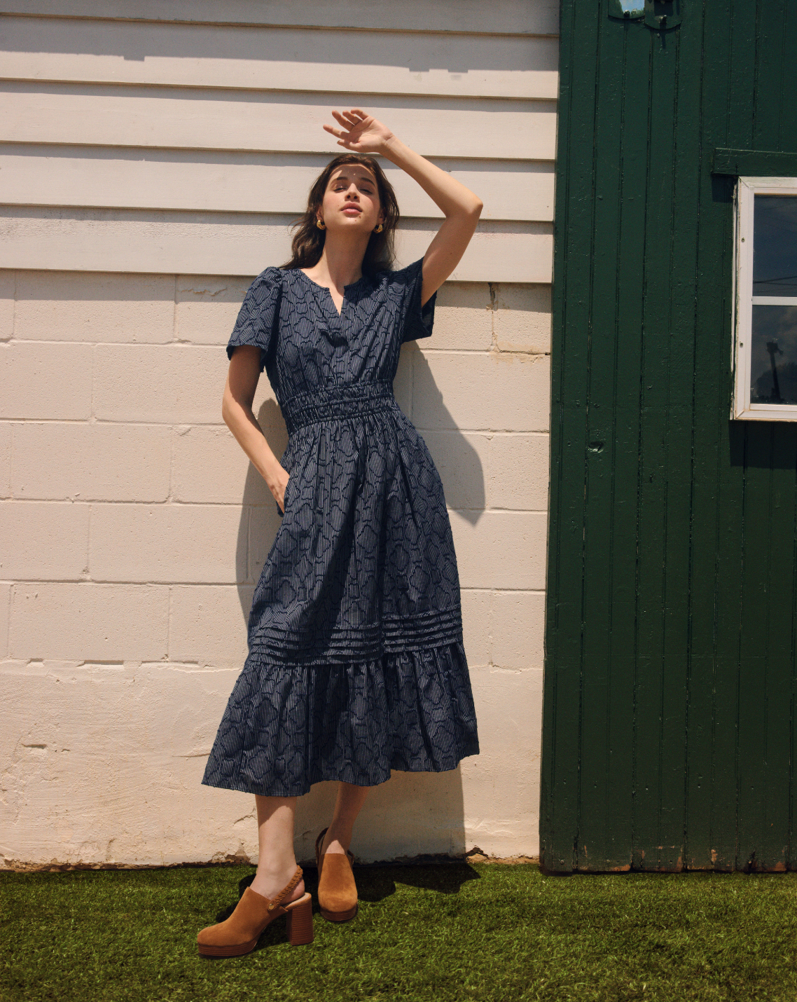 Draper James Nassau Navy Hollie Midi Dress in Navy Textured Stripe