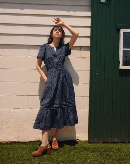 Draper James Nassau Navy Hollie Midi Dress in Navy Textured Stripe