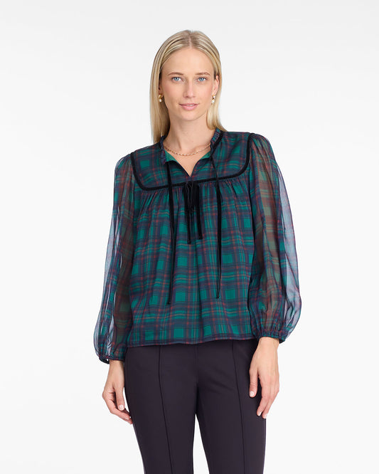 Draper James Green Multi Bow Long-Sleeve Top in Evergreen Tartan