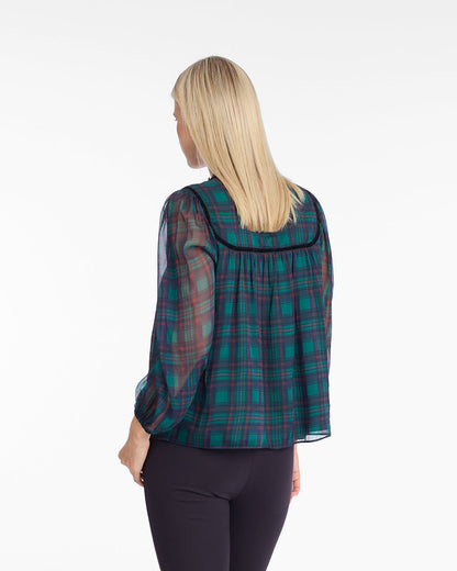 Draper James Green Multi Bow Long-Sleeve Top in Evergreen Tartan