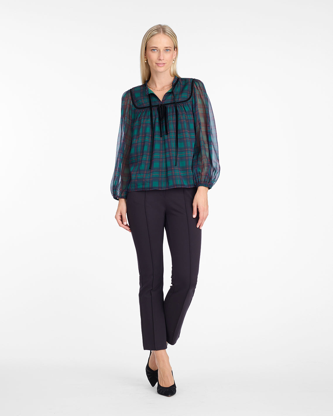 Draper James Green Multi Bow Long-Sleeve Top in Evergreen Tartan