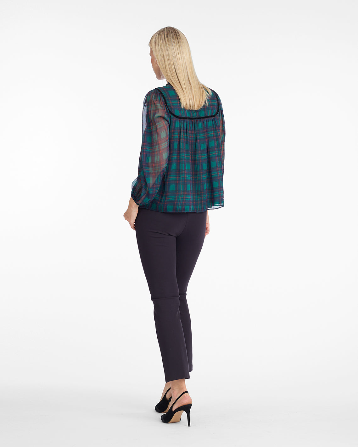 Draper James Green Multi Bow Long-Sleeve Top in Evergreen Tartan