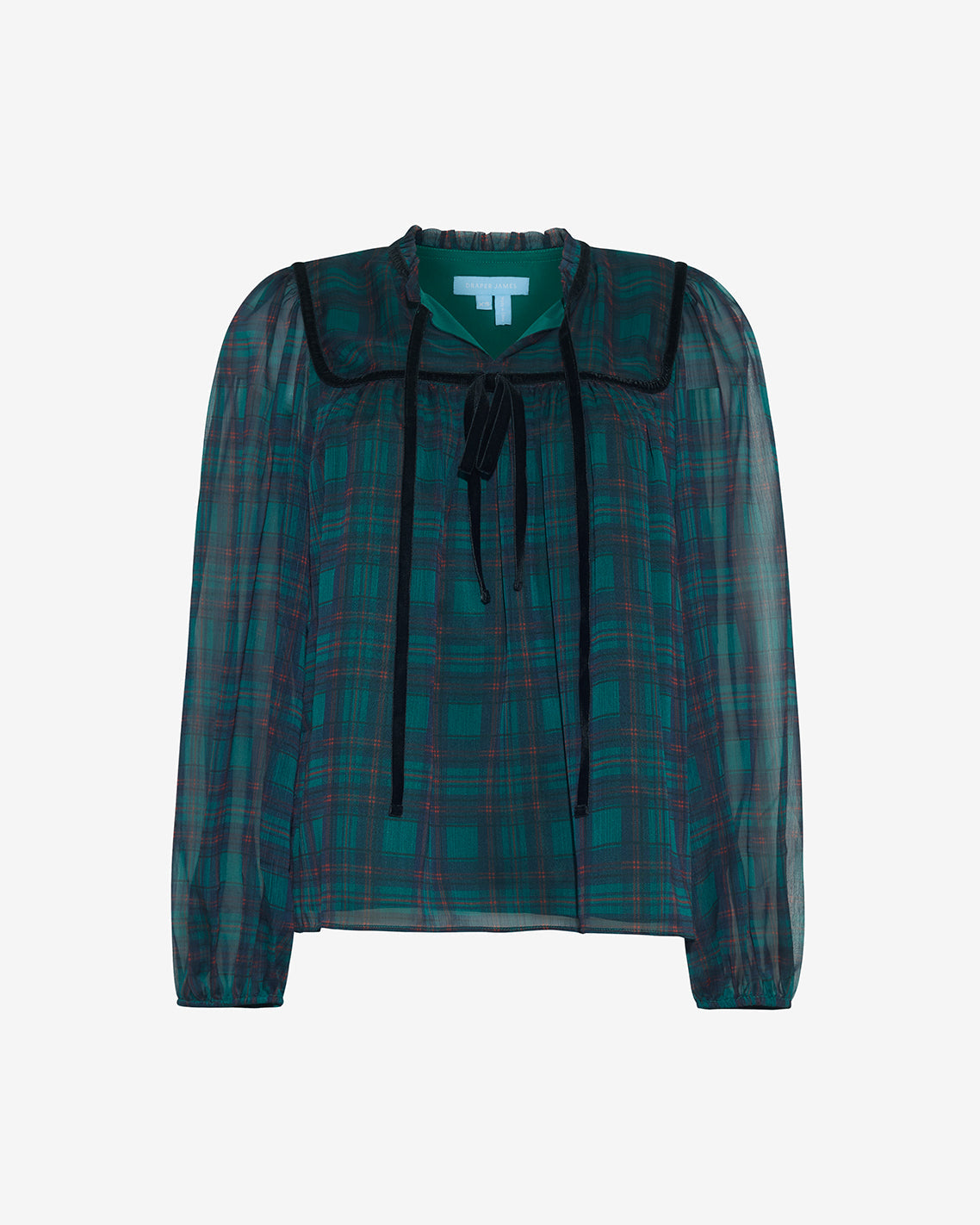 Draper James Green Multi Bow Long-Sleeve Top in Evergreen Tartan