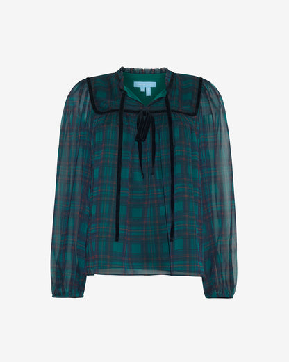 Draper James Green Multi Bow Long-Sleeve Top in Evergreen Tartan