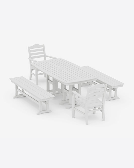 Draper James White Savannah 5-Piece Dining Set with Benches in Sage