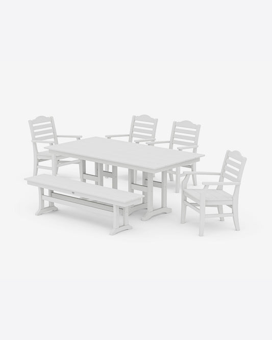 Draper James White Savannah 6-Piece Farmhouse Dining Set with Bench in Sage