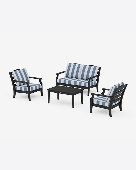 Draper James Black Savannah 4-Piece Deep Seating Set with Loveseat in Cabana Stripe