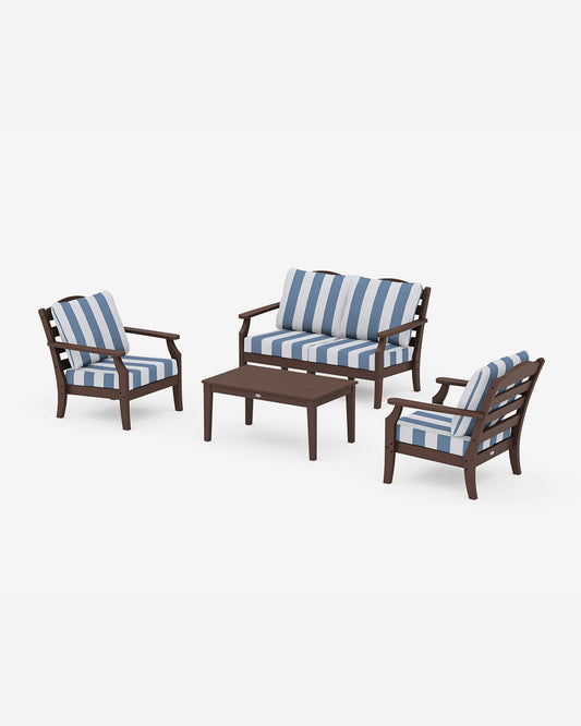 Draper James Mahogany Savannah 4-Piece Deep Seating Set with Loveseat in Cabana Stripe
