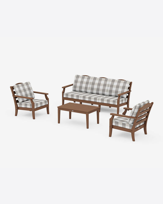 Draper James Teak Savannah 4-Piece Deep Seating Set with Sofa in Buffalo Plaid