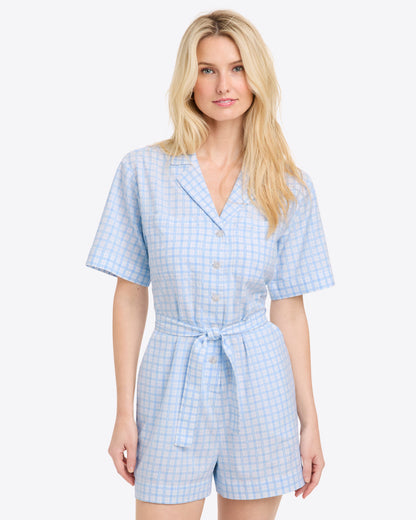 Draper James Blue Gingham Tie Waist Romper in Cotton Dobby Rompers