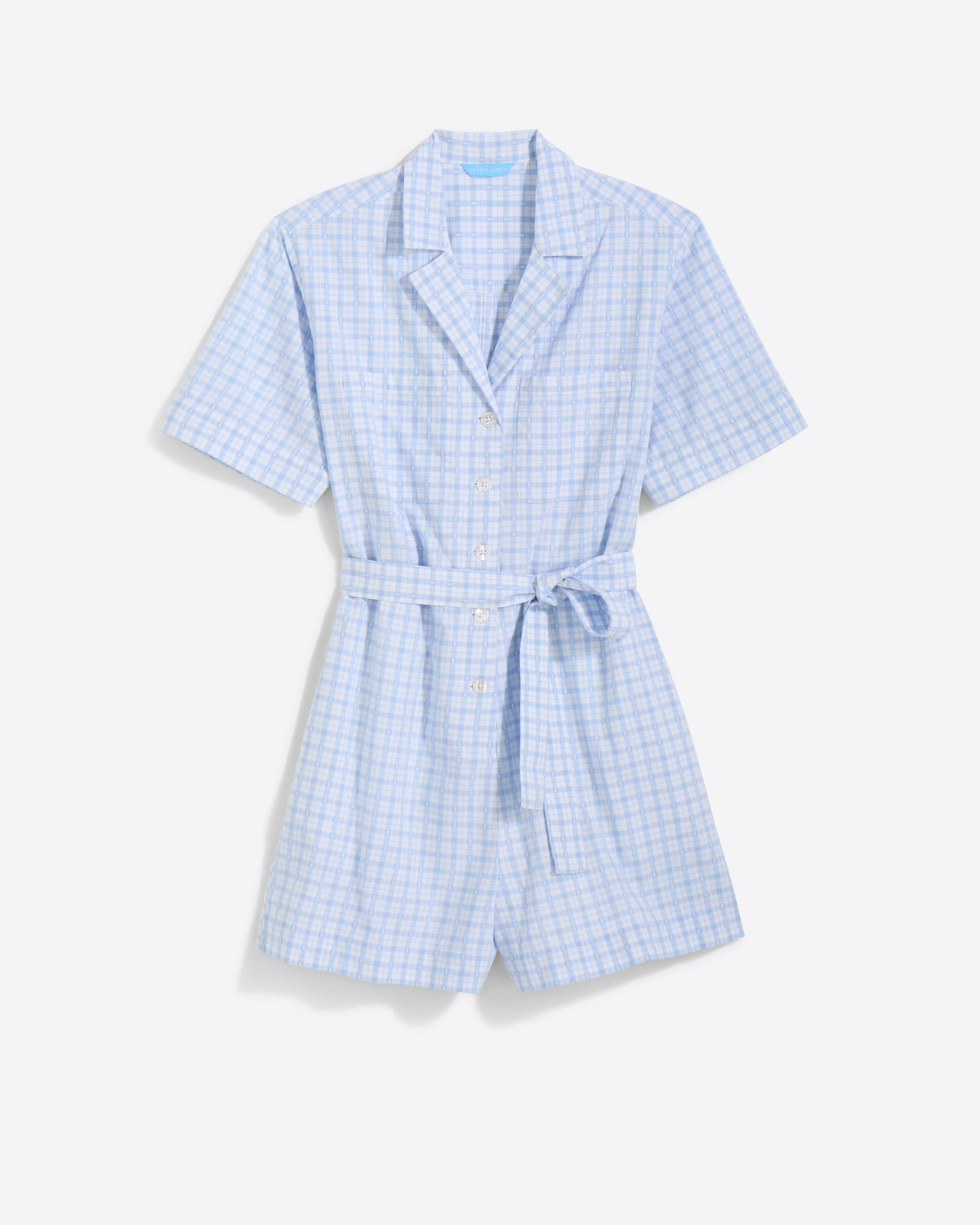 Draper James Blue Gingham Tie Waist Romper in Cotton Dobby Rompers