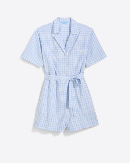 Draper James Blue Gingham Tie Waist Romper in Cotton Dobby Rompers